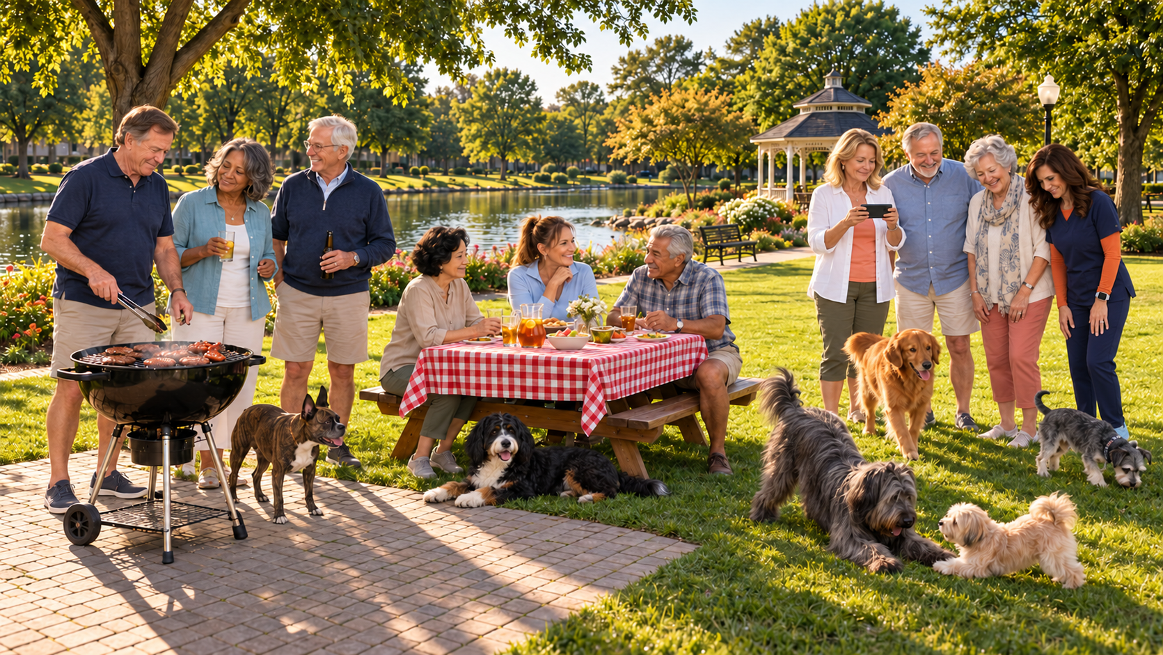 SilverSpring neighbors enjoy a lakeside barbecue while Dr. Kathy and friends watch Cody and a little dog play on the lawn.